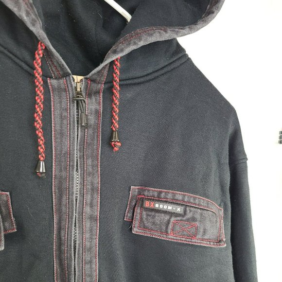 Boom-X BX Mens 2XL Black Full Zip Hoodie Sweatshirt Denim Pockets Red Stitching - Picture 2 of 7